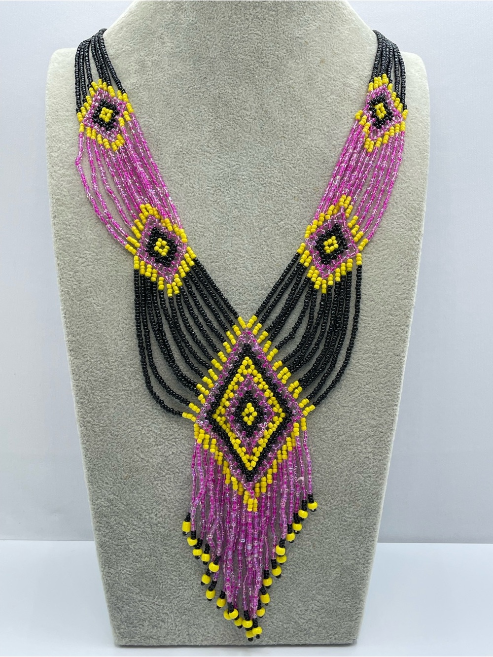 Boho Multistrand Seed Bead Statement Necklace Pink Yellow Black Fringe Tribal